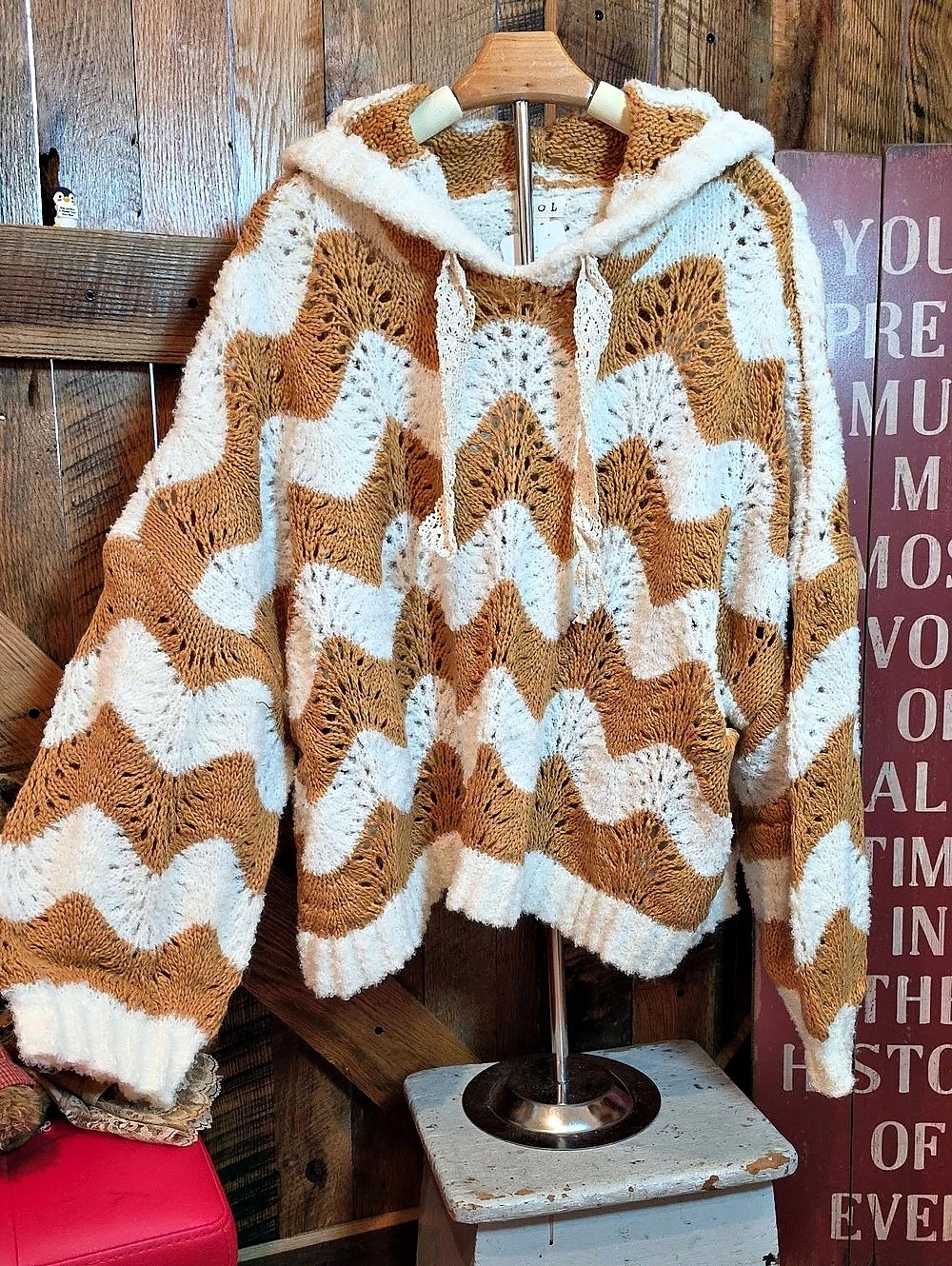 273p POL Wavy Knit Hoodie Geometric Sweater Brown & Cream Small